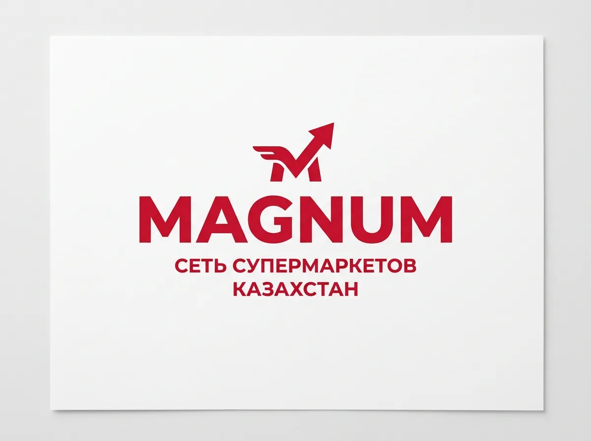 Логотип сети супермаркетов MAGNUM в Казахстане, красный цвет, белый фон, корпоративный стиль