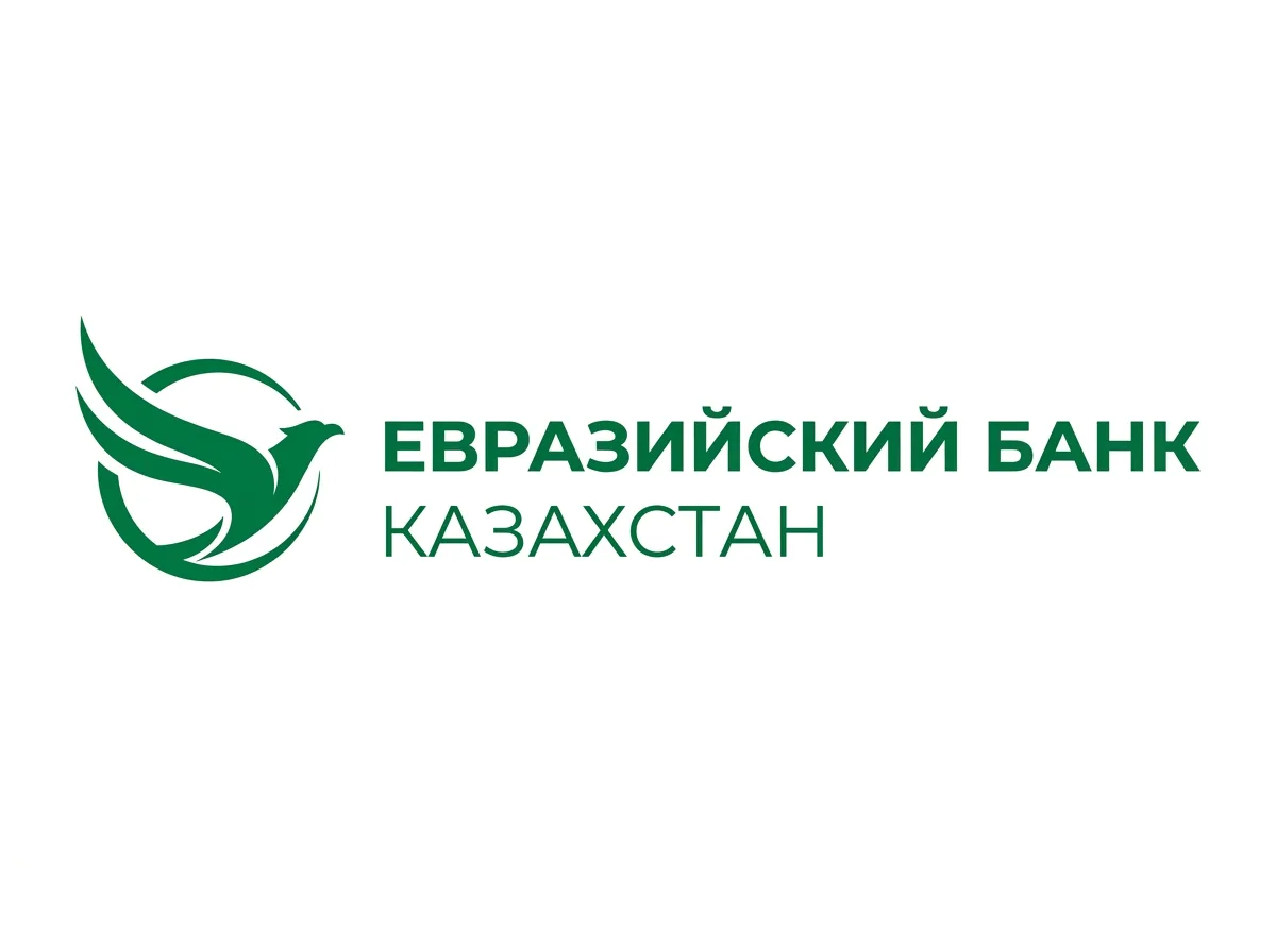 Логотип Евразийского Банка Казахстана, зелёный фирменный цвет, деловой стиль, белый фон